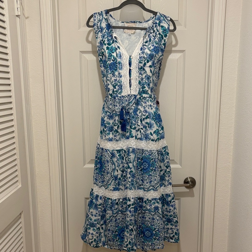 Johnny Was Blue and White Floral Midi Dress